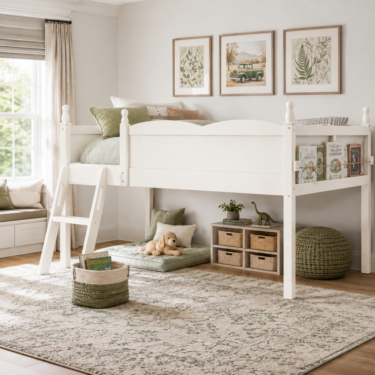Orelia beige loft bed showing a front angled room view with ladder and full-length guardrails