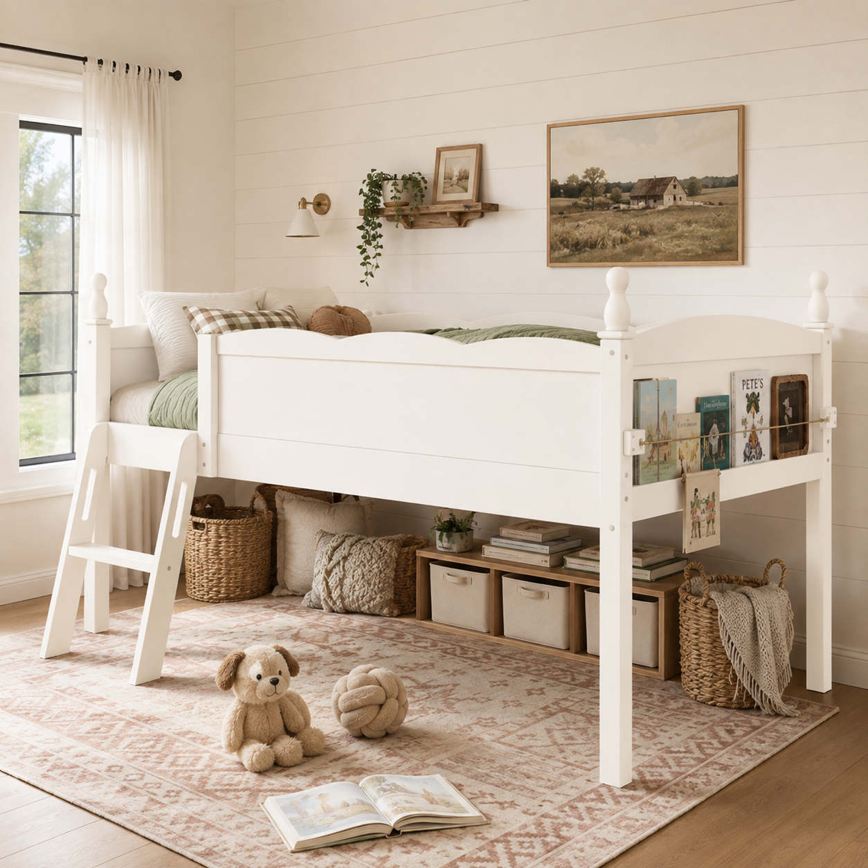 Orelia beige loft bed showing open underbed space with books and decor in a cozy bedroom