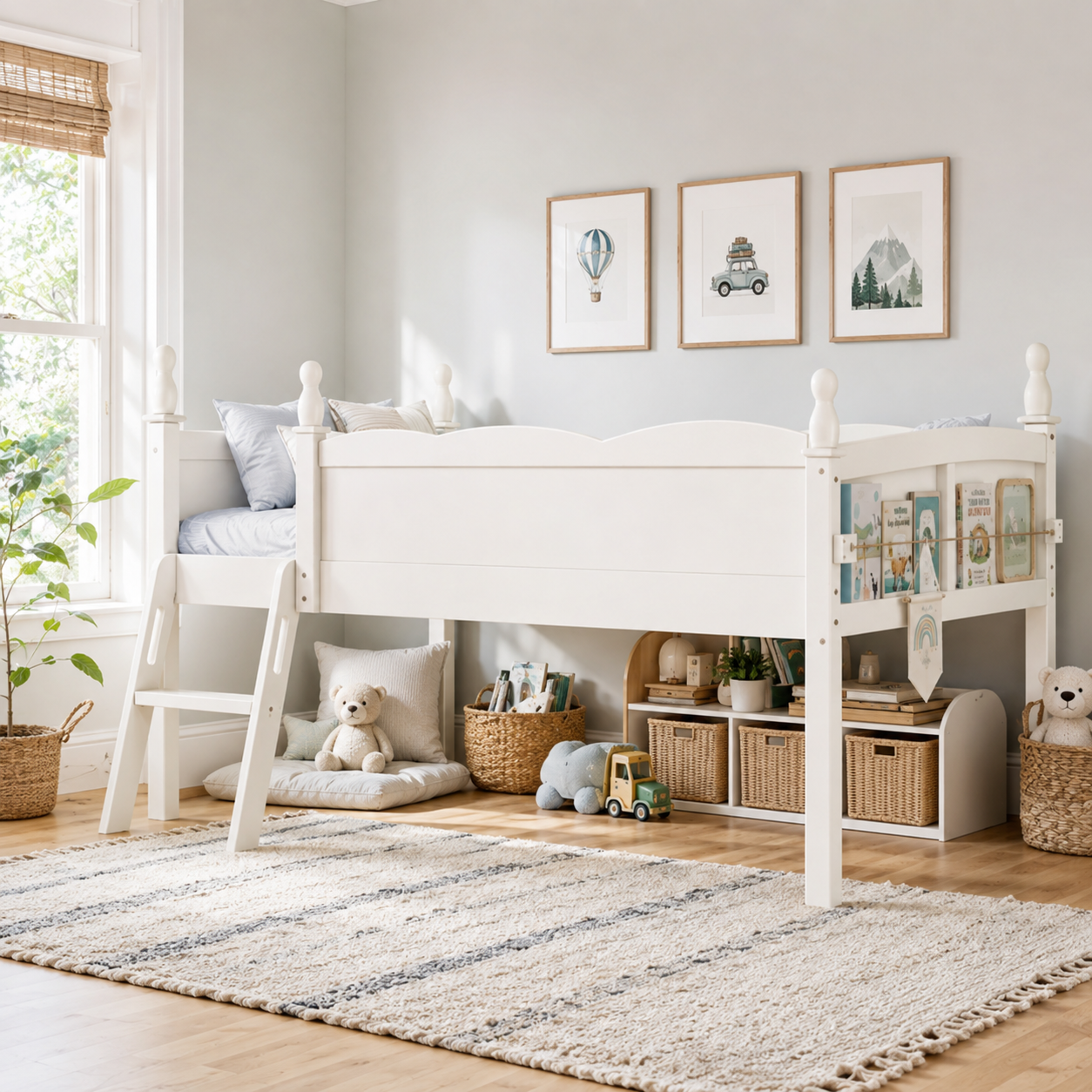 Orelia beige loft bed showing a side room view with underbed play area and book sling