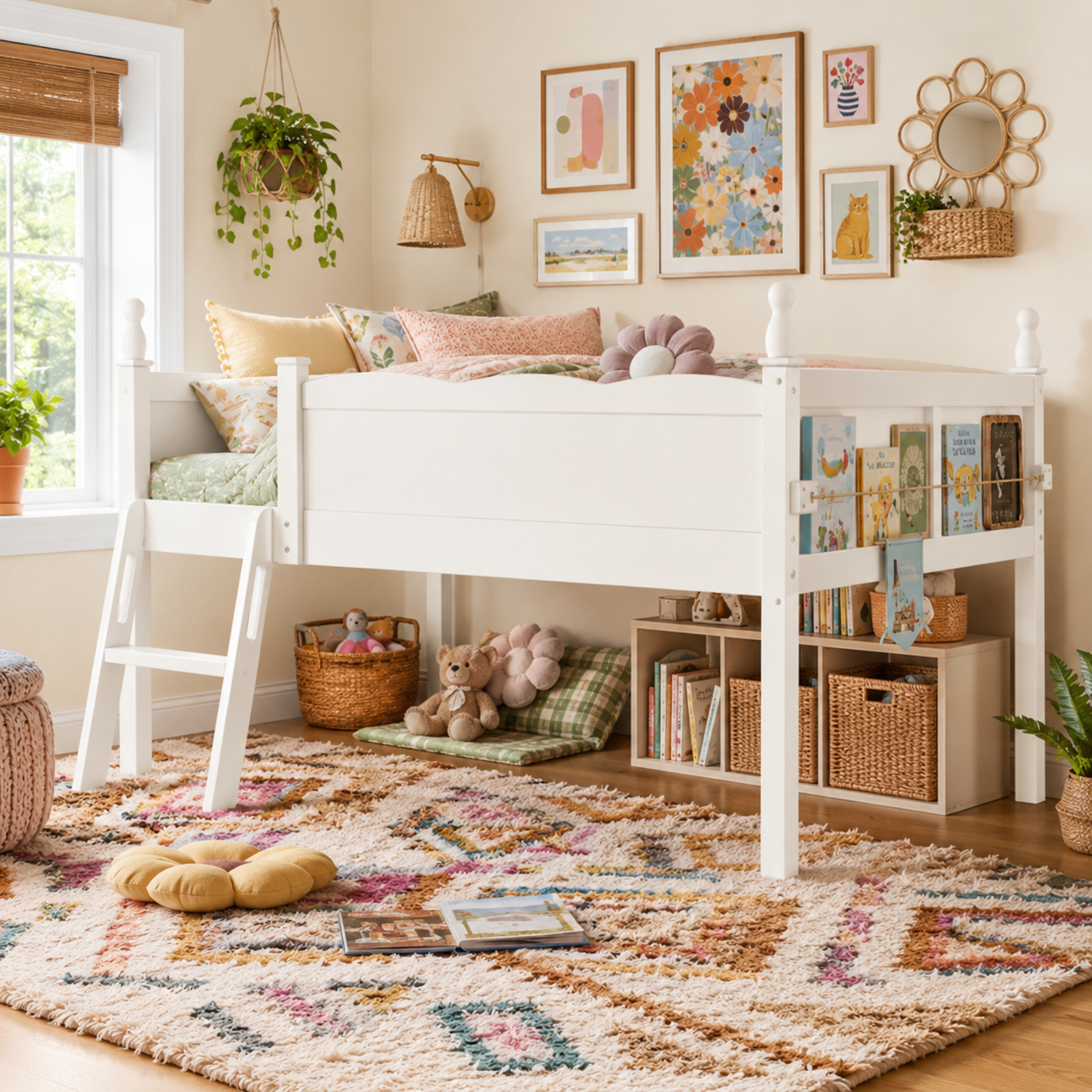 Orelia beige loft bed showing a compact bedroom setup with ladder and full-length guardrails