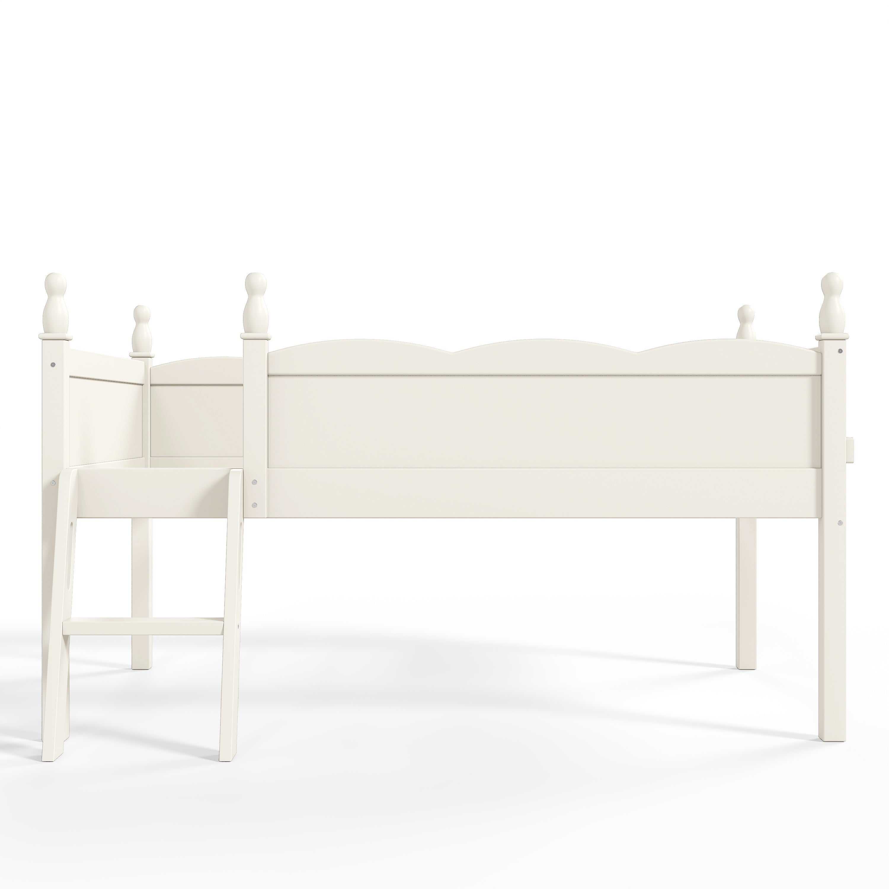 Orelia beige loft bed showing the front view with full-length guardrails on white background