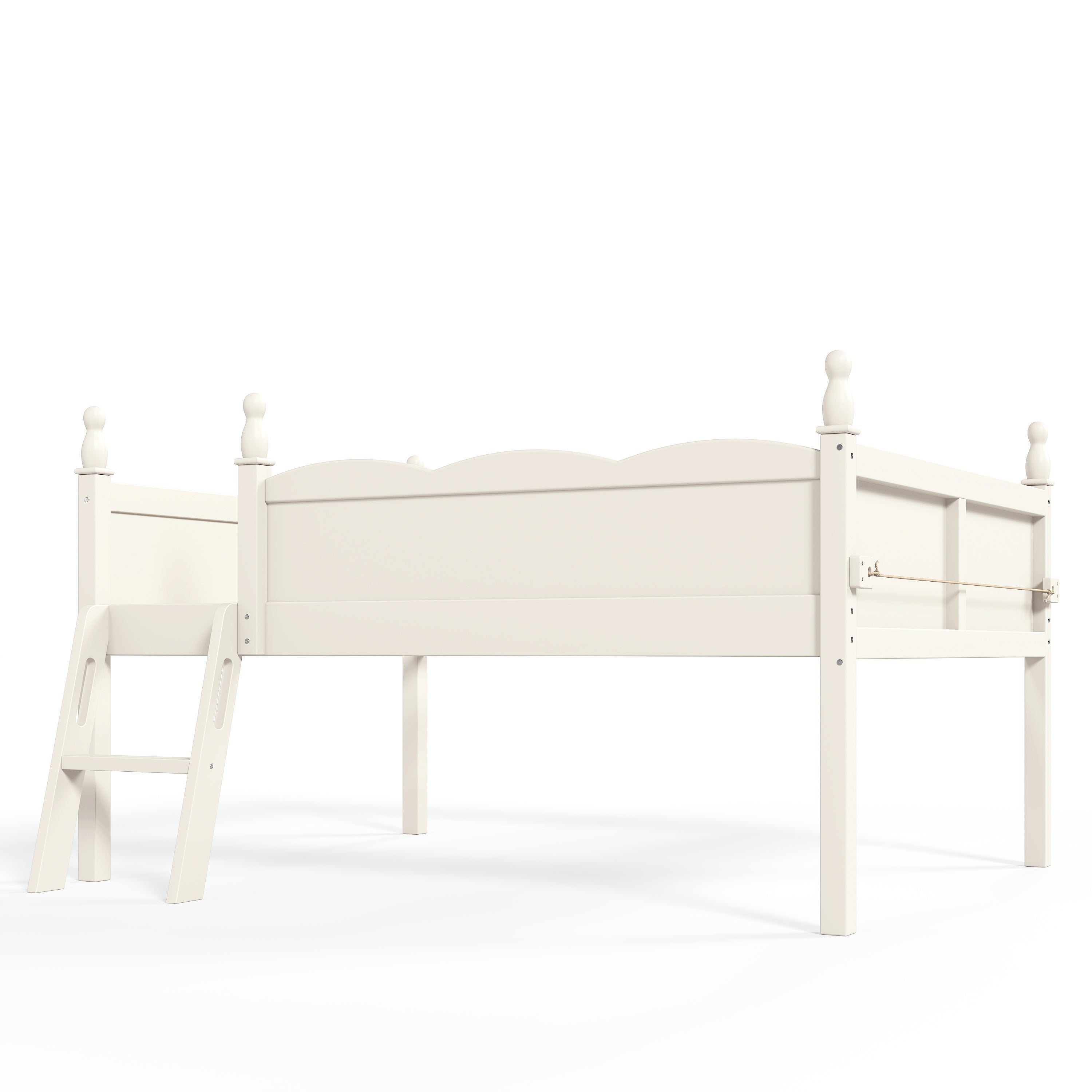 Orelia beige loft bed showing a side view with underbed clearance and ladder on white background