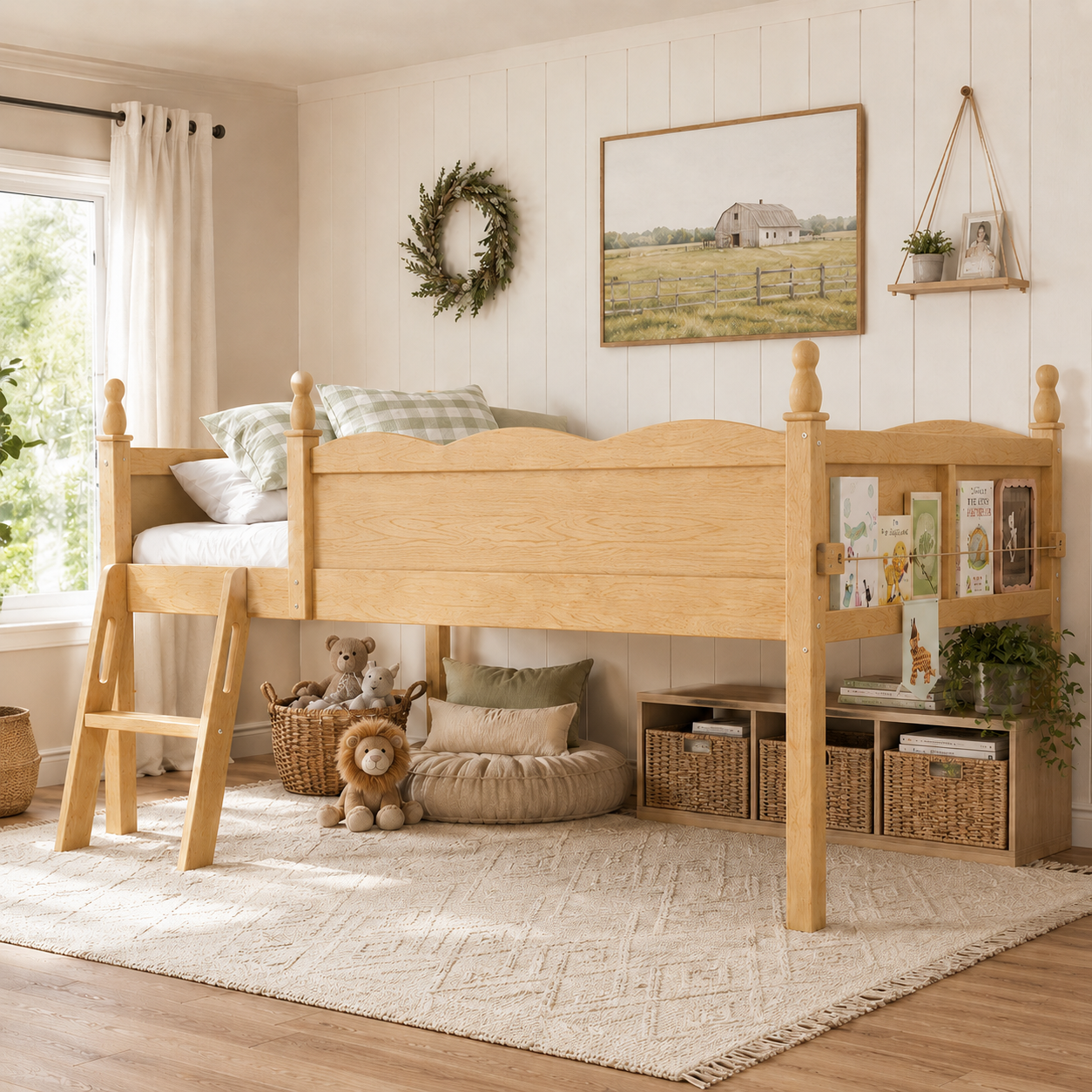 Orelia natural loft bed showing a full size low loft bed with book sling and full-length guardrails in a warm bedroom