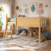 Orelia natural loft bed showing a twin low loft setup with book sling in a colorful bedroom