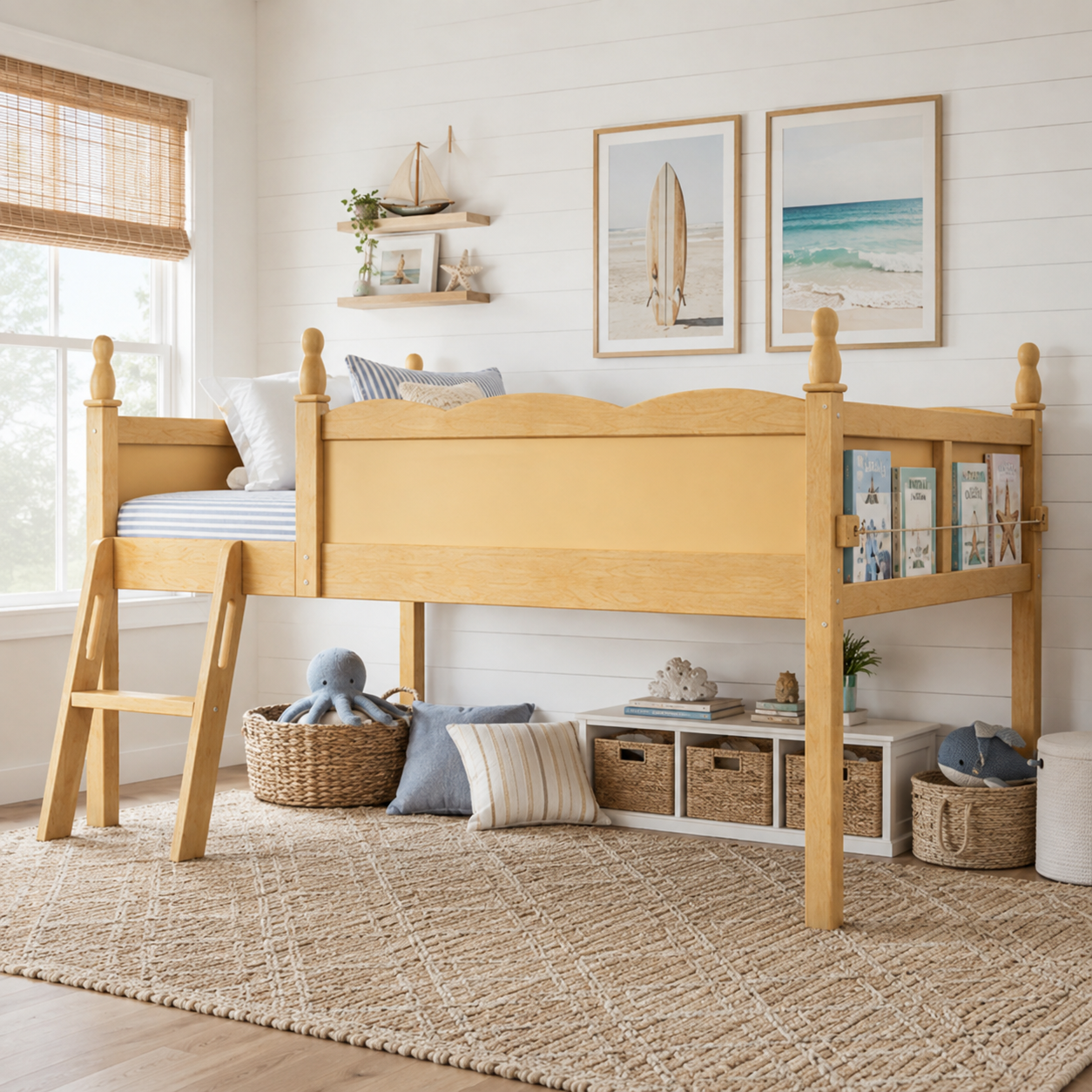 Orelia natural loft bed showing a bright bedroom setup with open underbed space and ladder