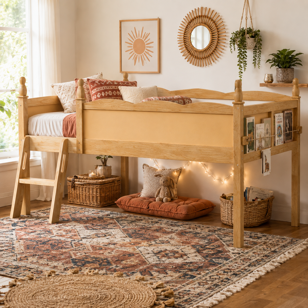 Orelia natural loft bed showing open underbed storage with books and decor in a warm bedroom
