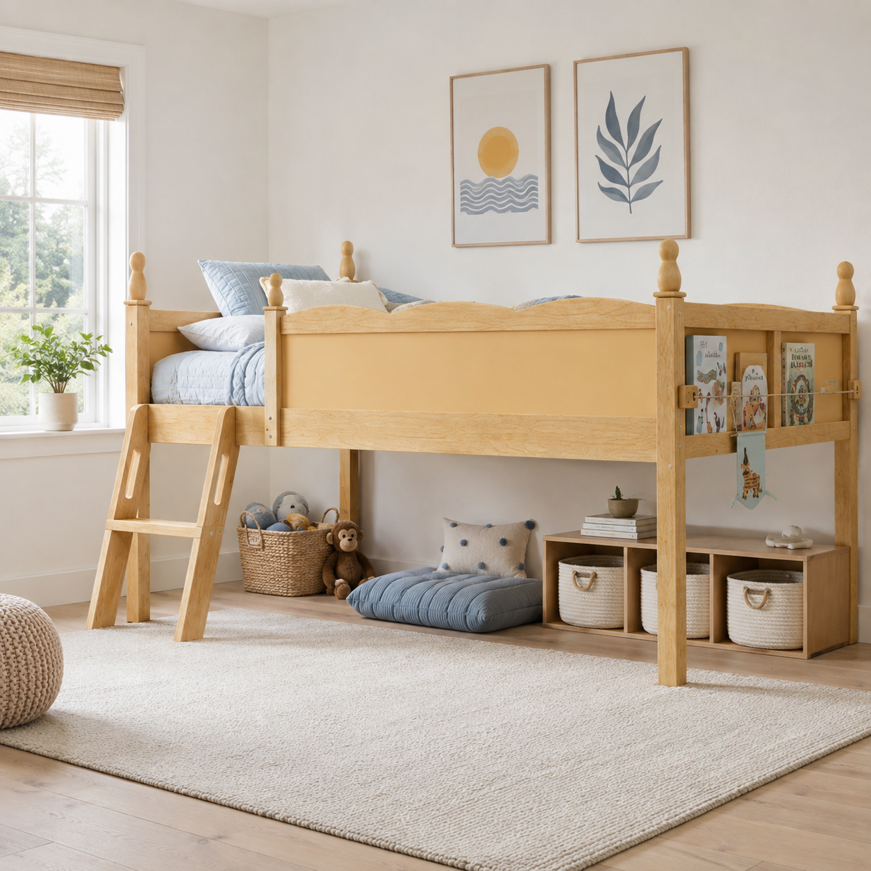 Orelia natural loft bed showing a low loft layout with book sling and underbed seating area