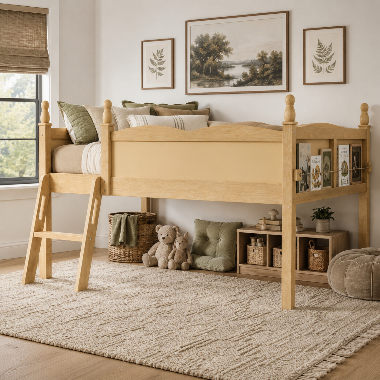 Orelia natural loft bed showing a low loft layout with ladder and underbed book storage