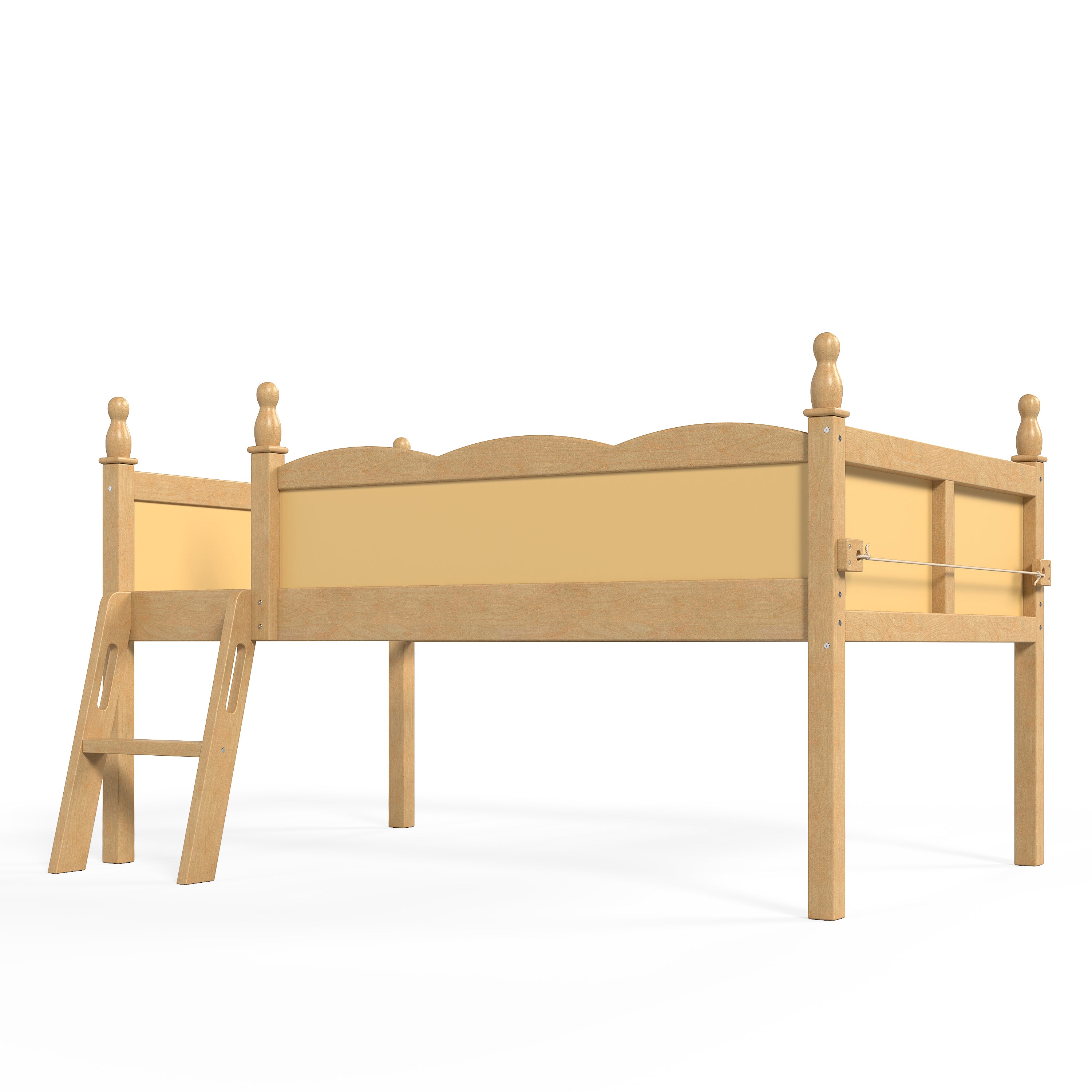 Orelia natural loft bed showing an angled front view with ladder and turned posts on white background