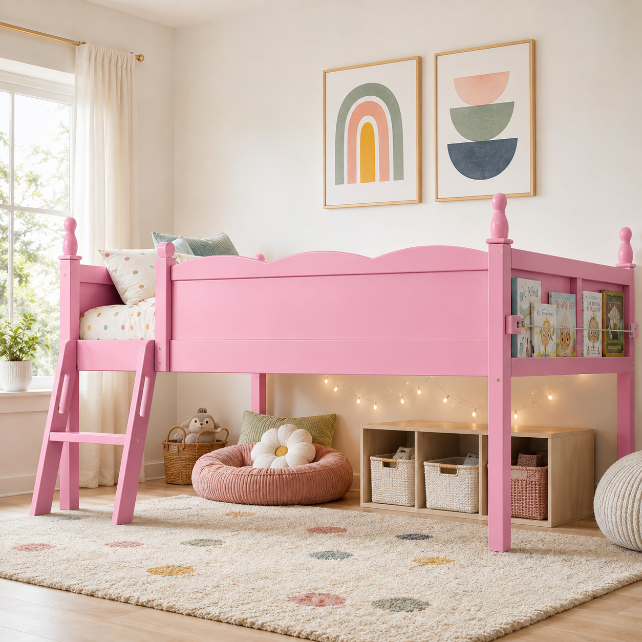 Orelia pink loft bed showing a full size low loft bed with book sling and full-length guardrails in a bright bedroom