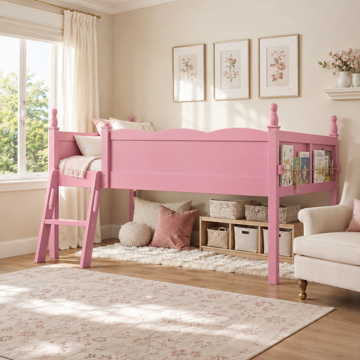 Orelia pink loft bed showing a twin low loft setup with open underbed space in a bright bedroom