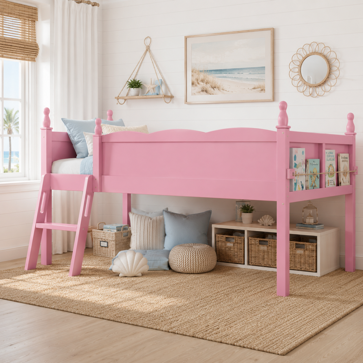 Orelia pink loft bed showing a side bedroom view with underbed play space and ladder
