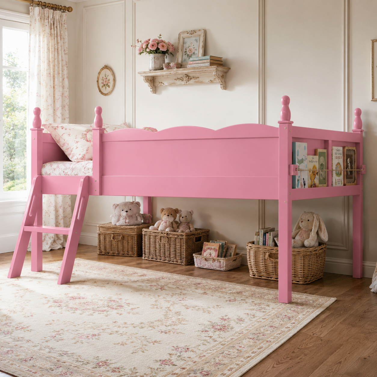 Orelia pink loft bed showing a low loft layout with book sling and ladder in a colorful bedroom