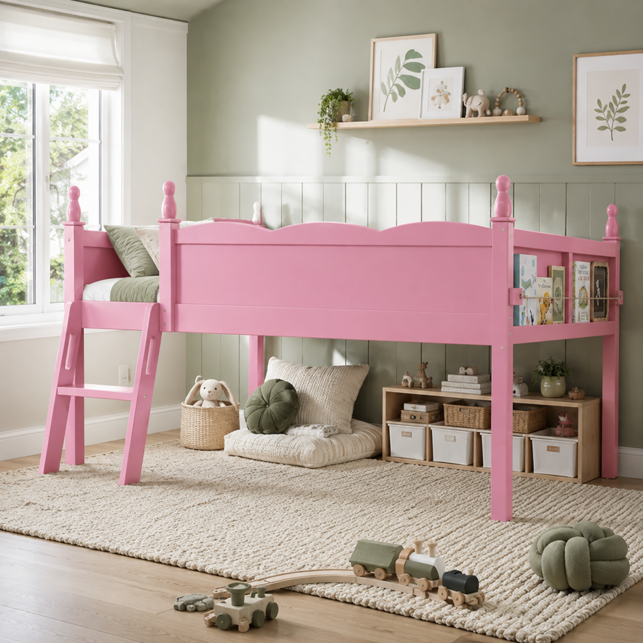 Orelia pink loft bed showing a low loft setup with open floor space beneath the bed