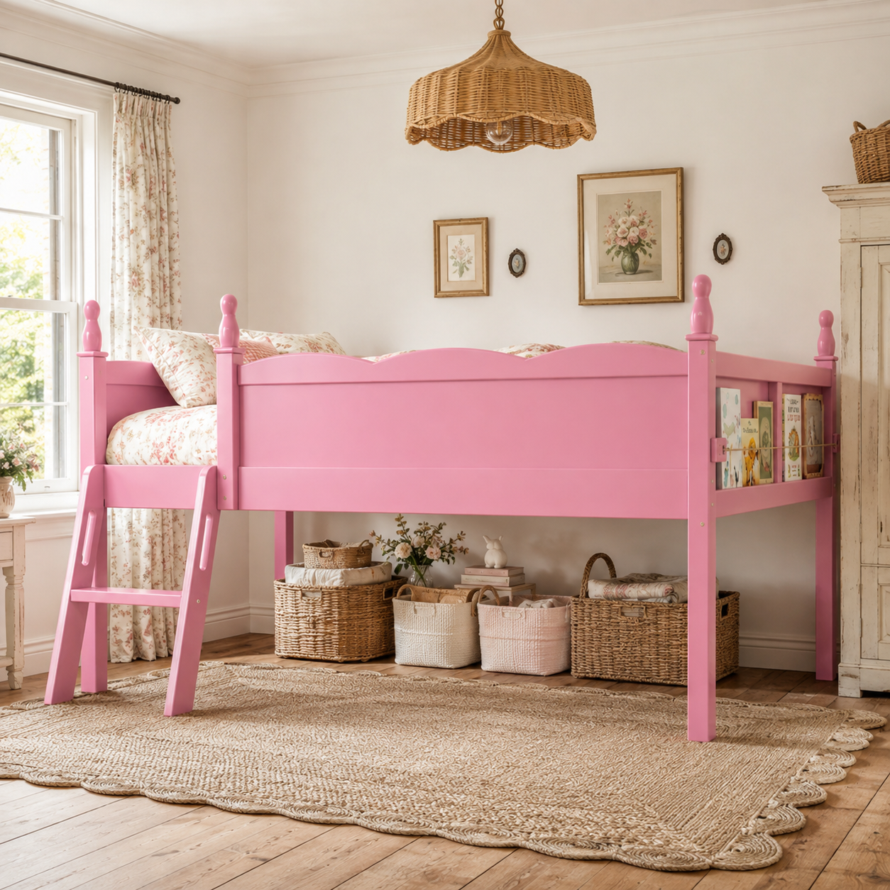 Orelia pink loft bed showing full-length guardrails and underbed storage in a warm bedroom