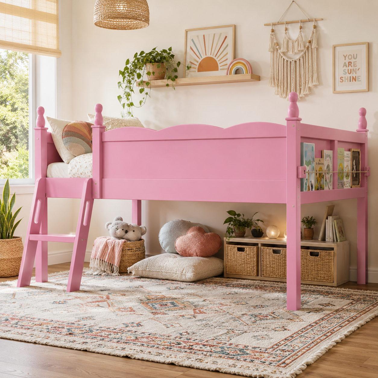Orelia pink loft bed showing a bright bedroom scene with ladder and full-length guardrails