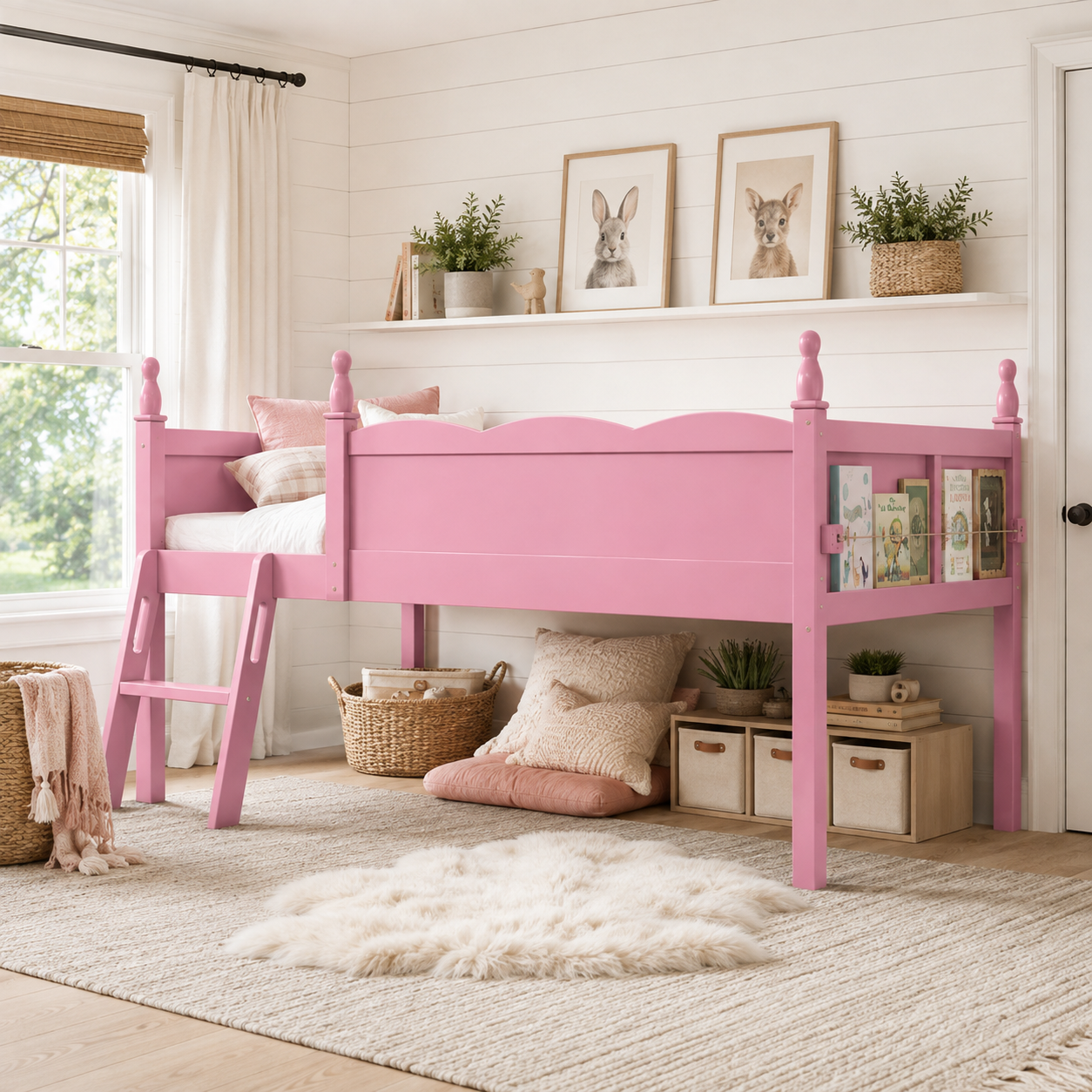 Orelia pink loft bed showing a bright bedroom setup with ladder and open underbed space
