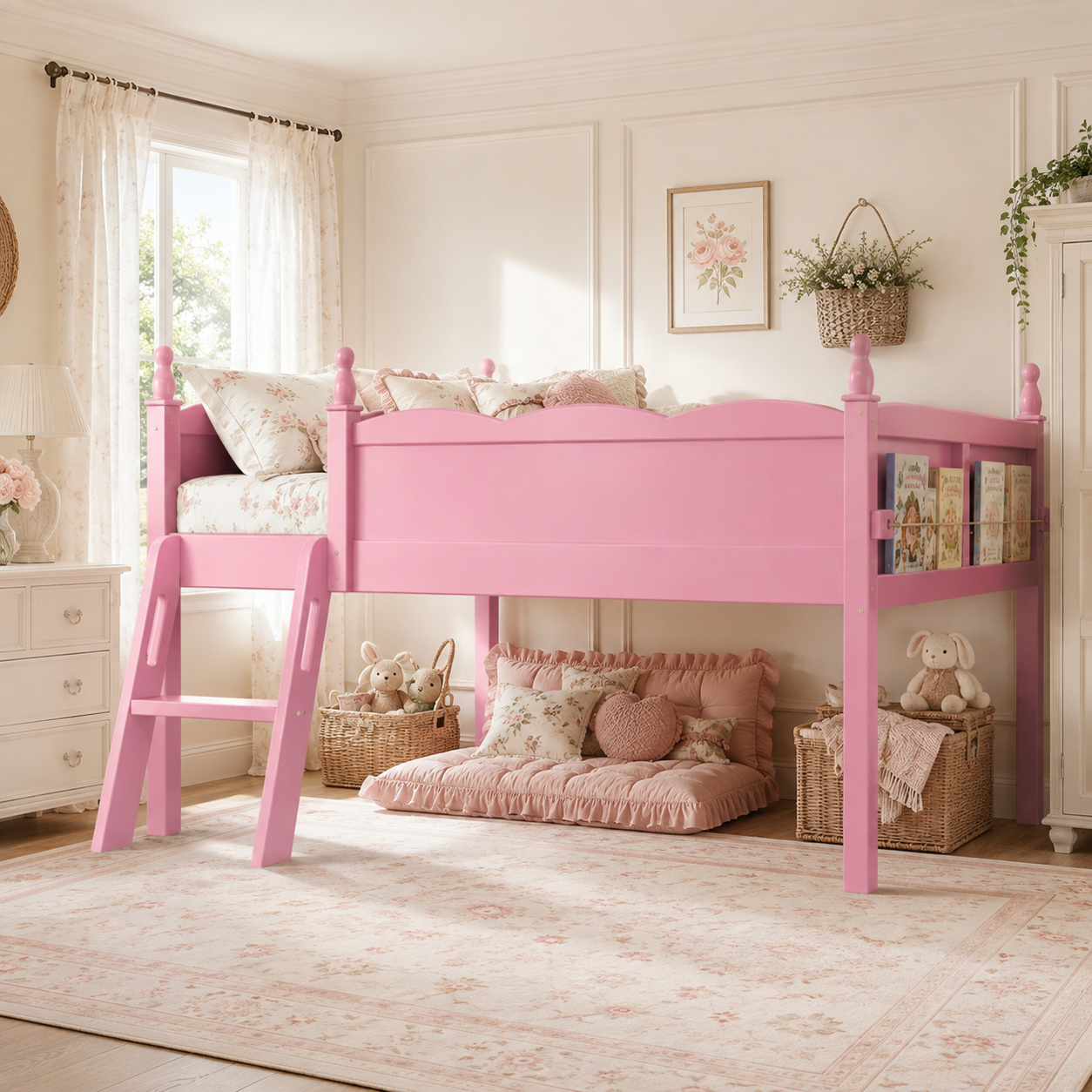 Orelia pink loft bed showing a front angled room view with underbed storage space