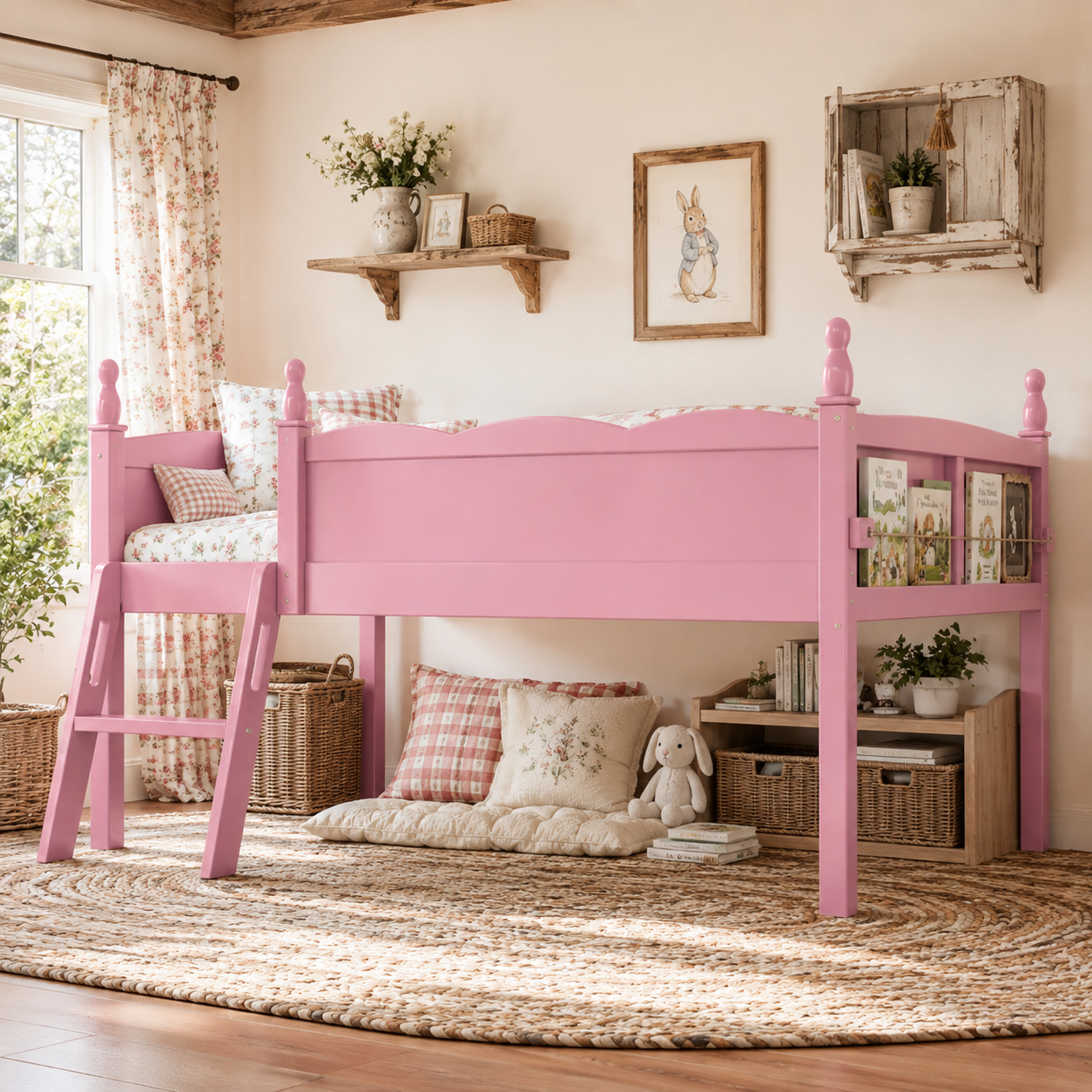 Orelia pink loft bed showing a cozy low loft setup with book sling and underbed storage