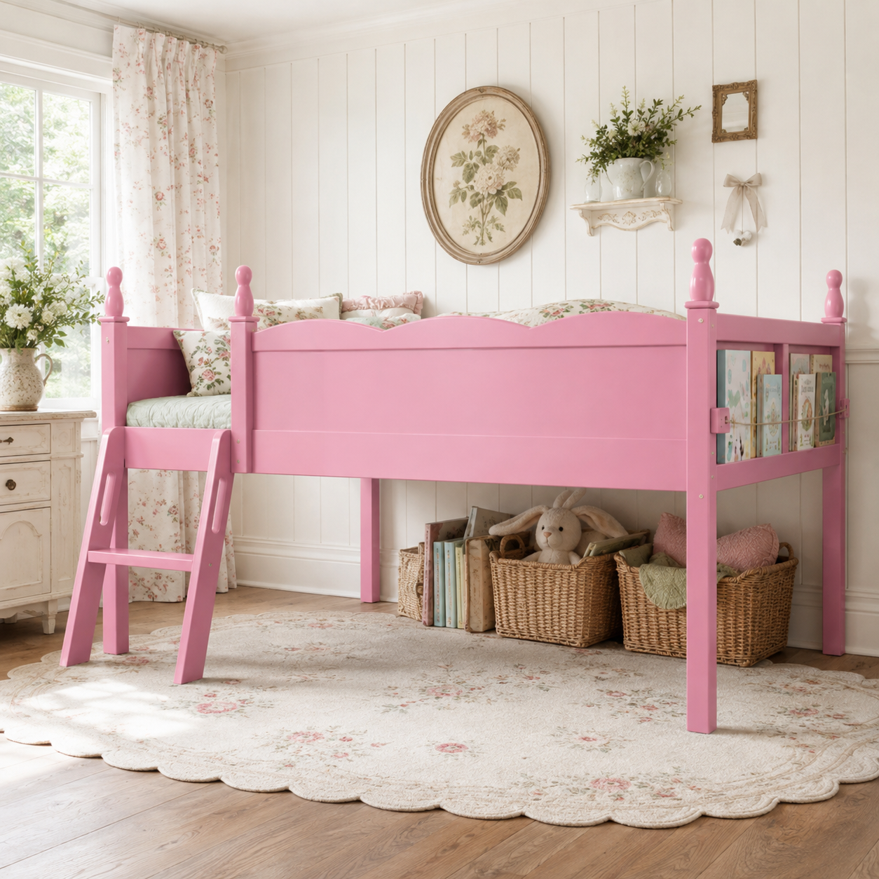 Orelia pink loft bed showing a side room view with book sling and ladder access