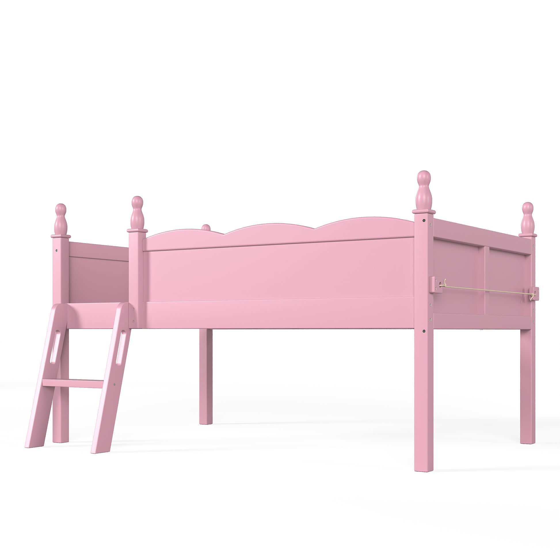 Orelia pink loft bed showing a side view with turned posts and open underbed space on white background