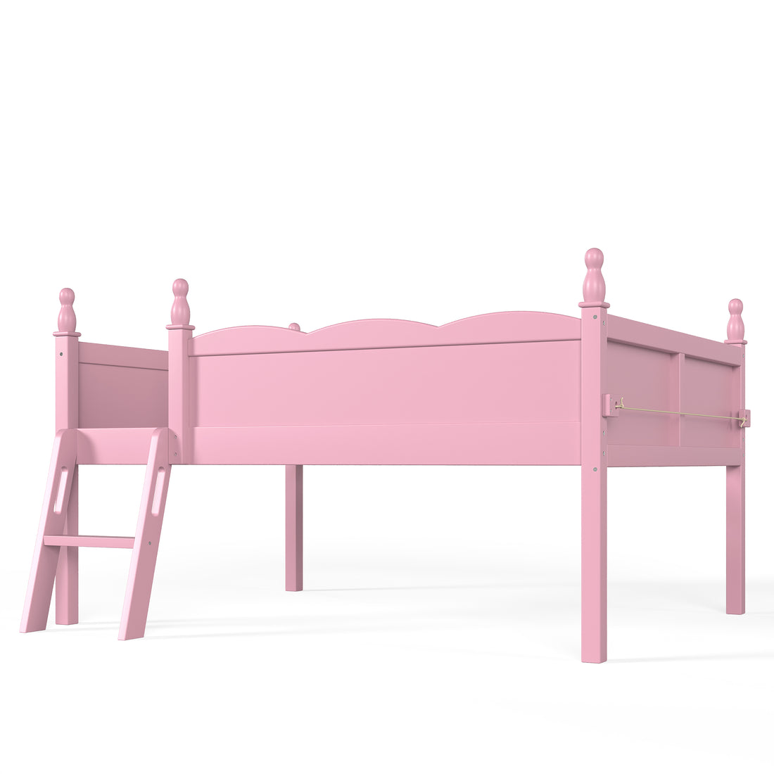 Orelia pink loft bed showing a close angled view of the side panel and full-length guardrails