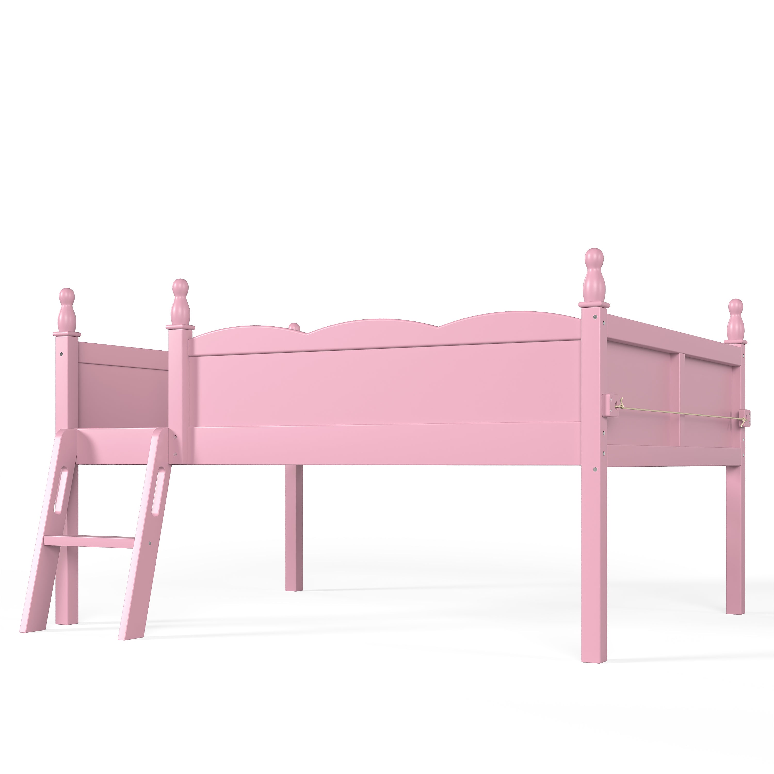 Orelia pink loft bed showing a close angled view of the side panel and full-length guardrails