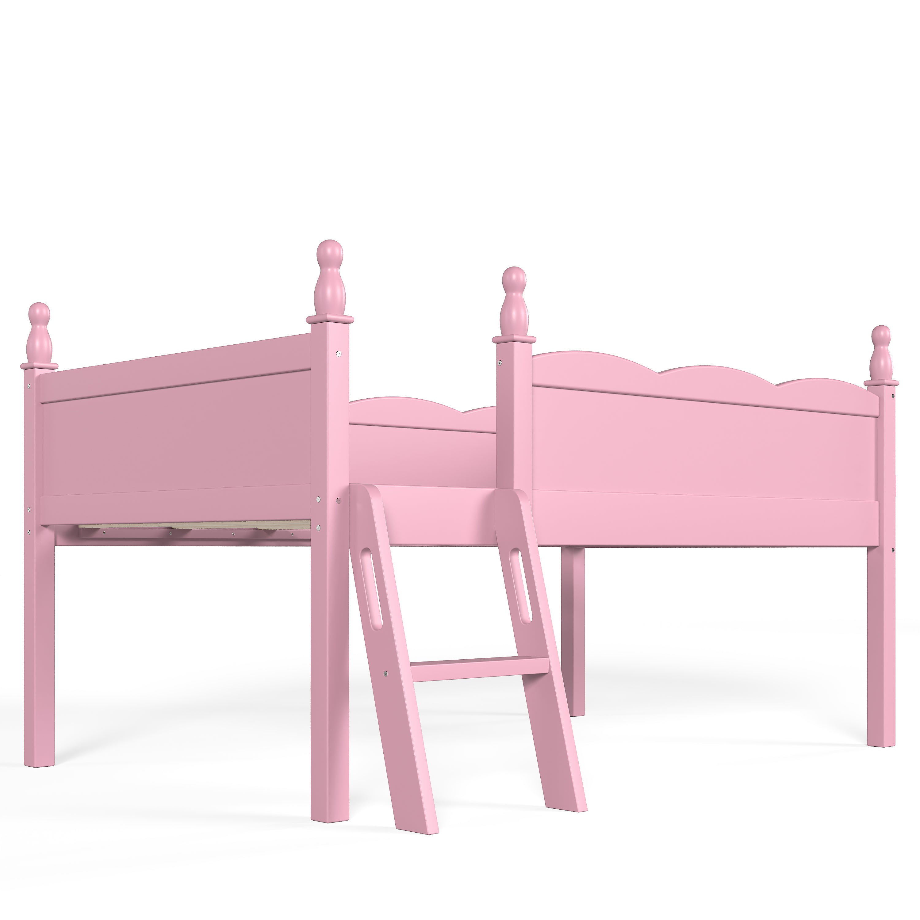 Orelia pink loft bed showing an angled view with ladder and full-length guardrails on white background