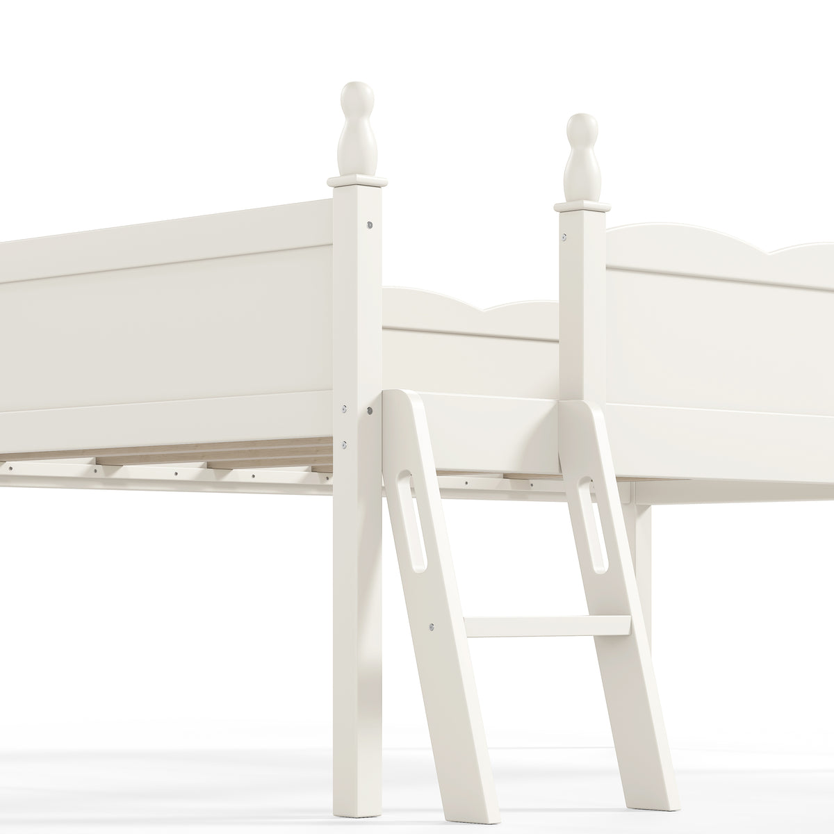 Orelia beige low loft bed showing ladder and turned post detail