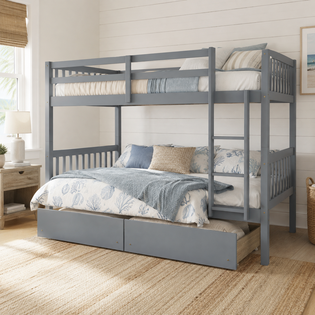 Orla gray bunk bed showing a full over full bunk bed in a bright bedroom