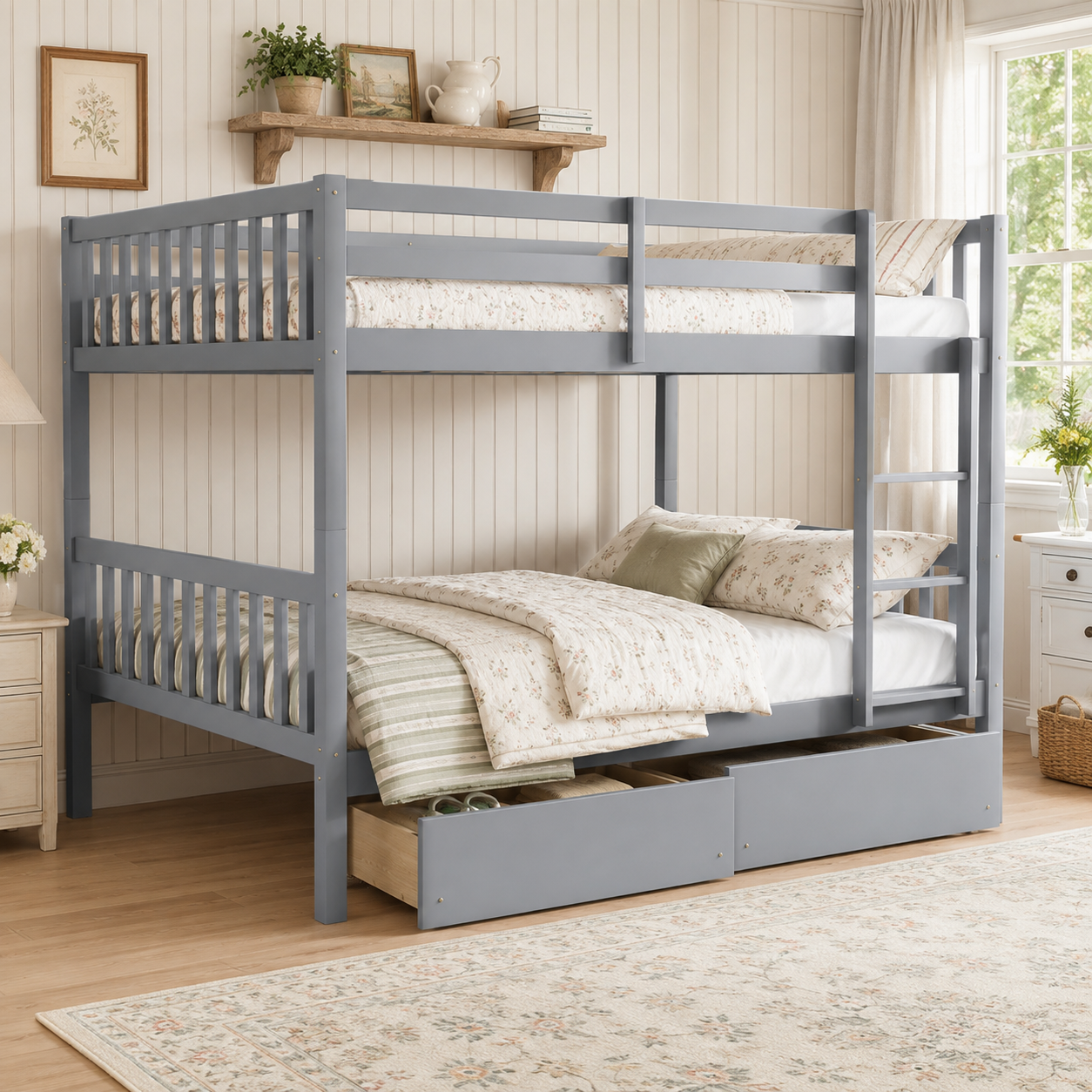 Orla gray bunk bed showing a full over full bunk bed with blue bedding in a bedroom