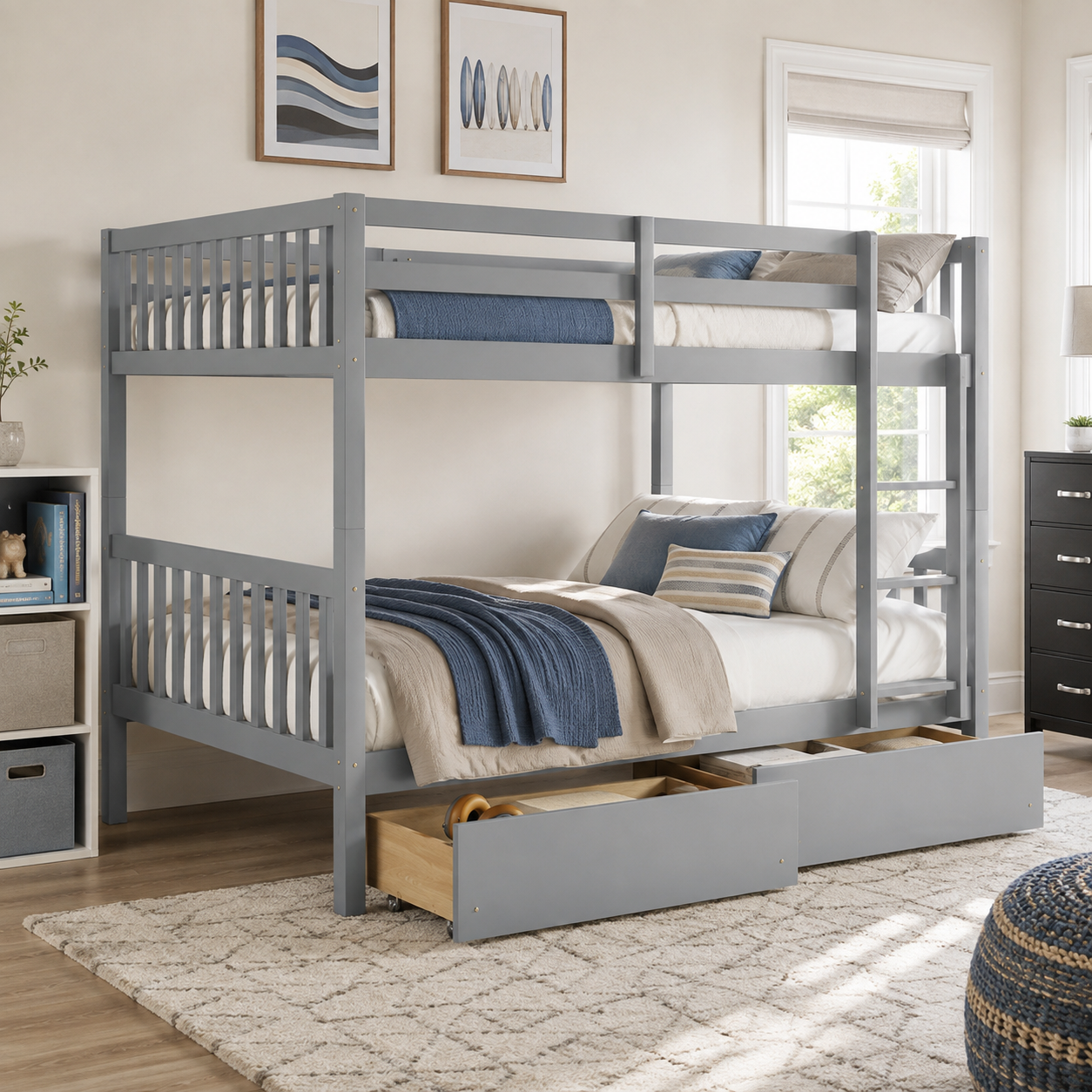 Orla gray bunk bed showing a front angled bedroom view with slatted guardrails and drawers