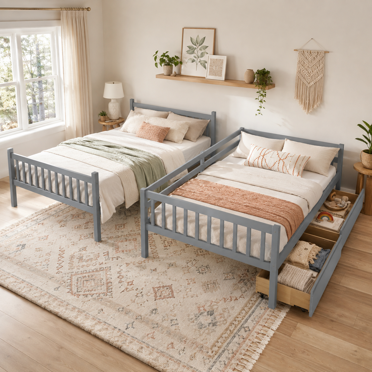 Orla gray bunk bed showing a full over full bunk bed in a styled bedroom setting