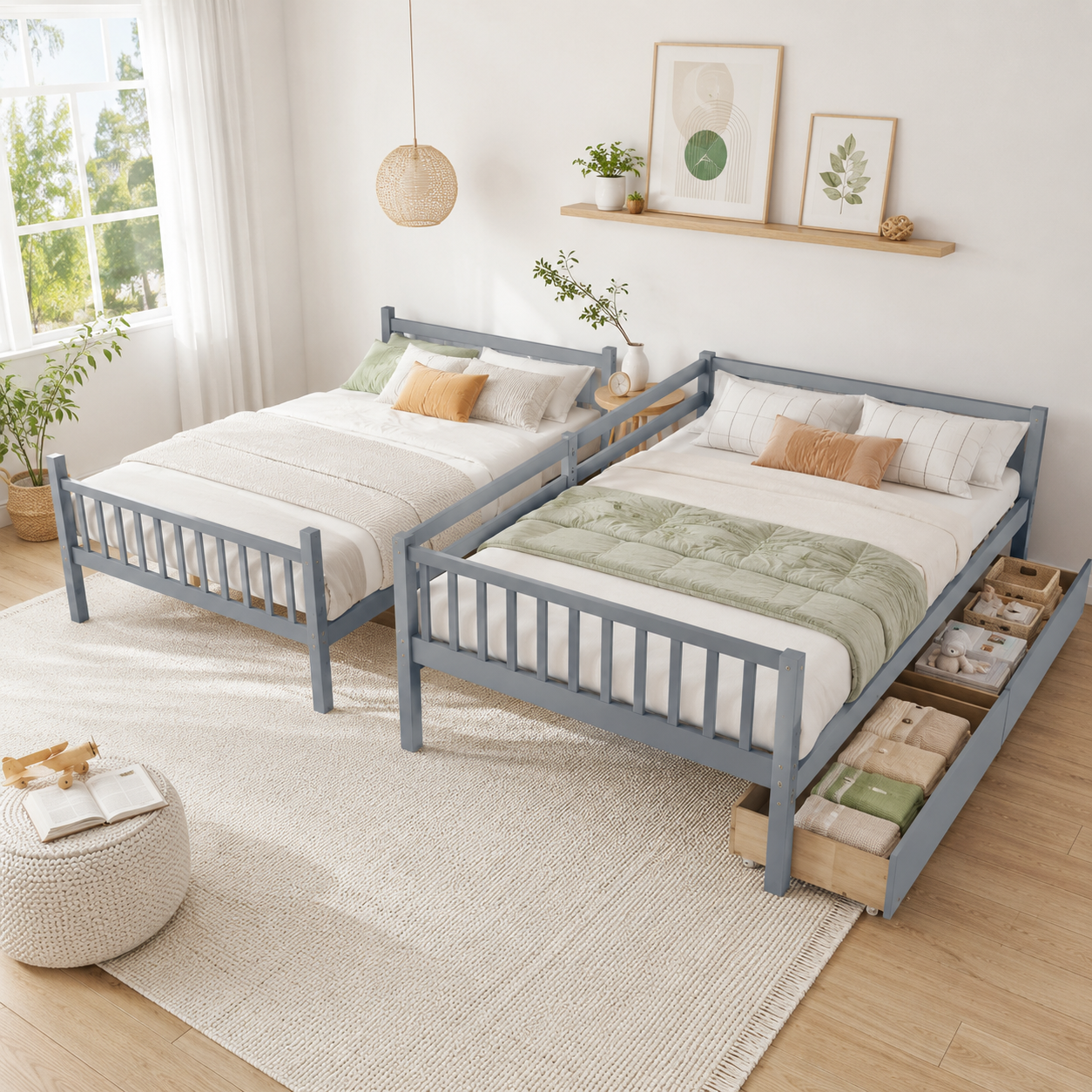 Orla gray bunk bed showing the bed converted into two separate beds in a bedroom