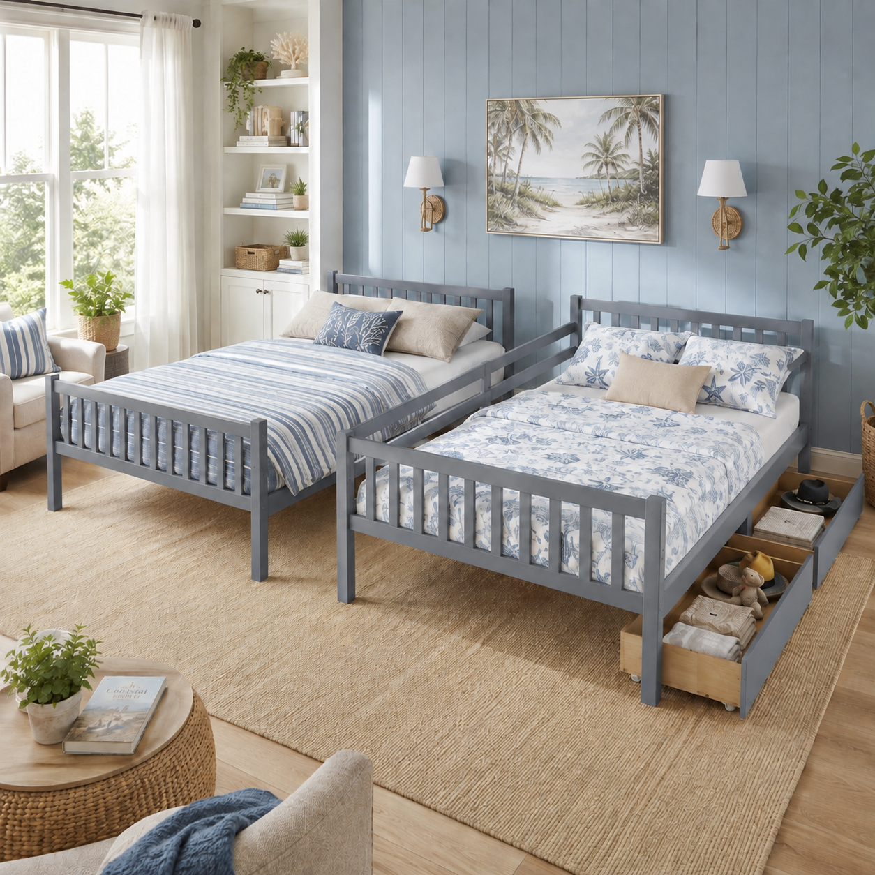 Orla gray bunk bed showing the bed converted into two separate beds in a bedroom