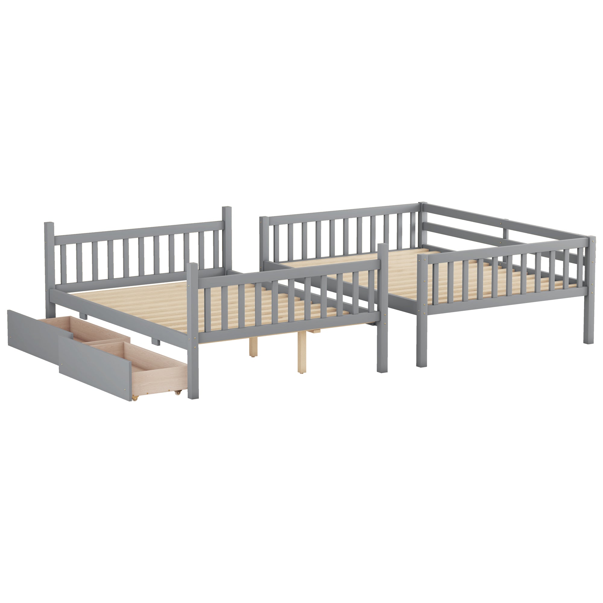 Orla gray bunk bed showing the bed converted into two separate beds isolated on a white background
