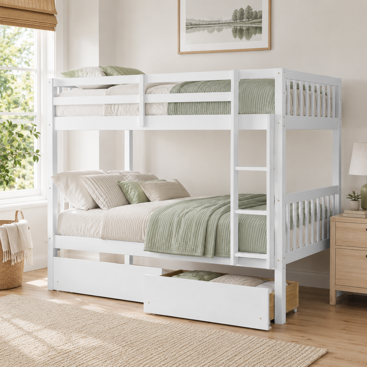 Orla white bunk bed showing a full over full bunk bed with two rolling drawers in a bright bedroom