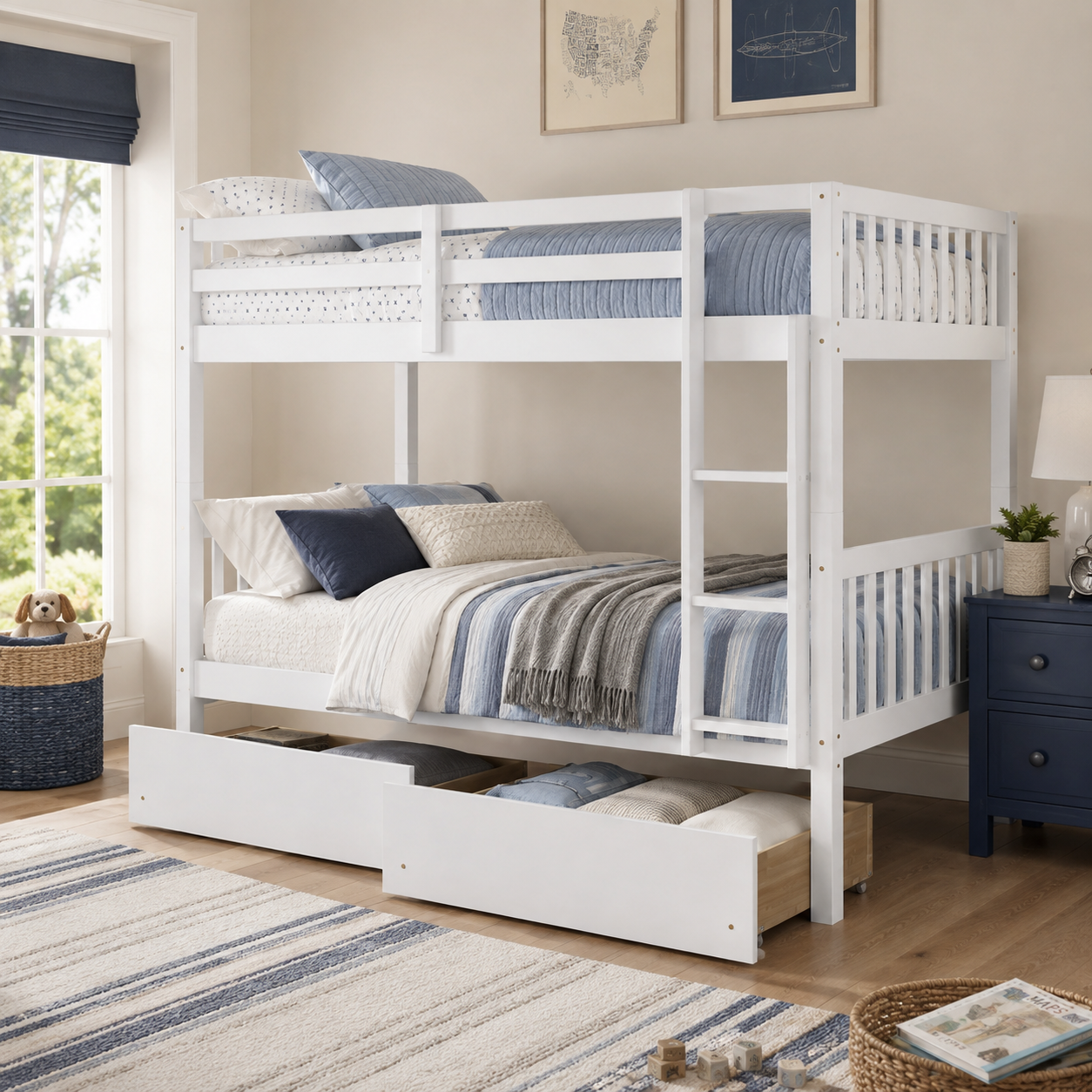 Orla white bunk bed showing the bed converted into two separate beds in a warm bedroom