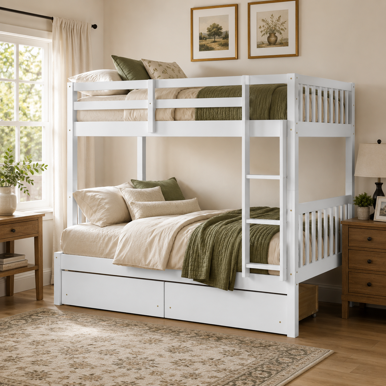 Orla white bunk bed showing two separate beds arranged in a bedroom