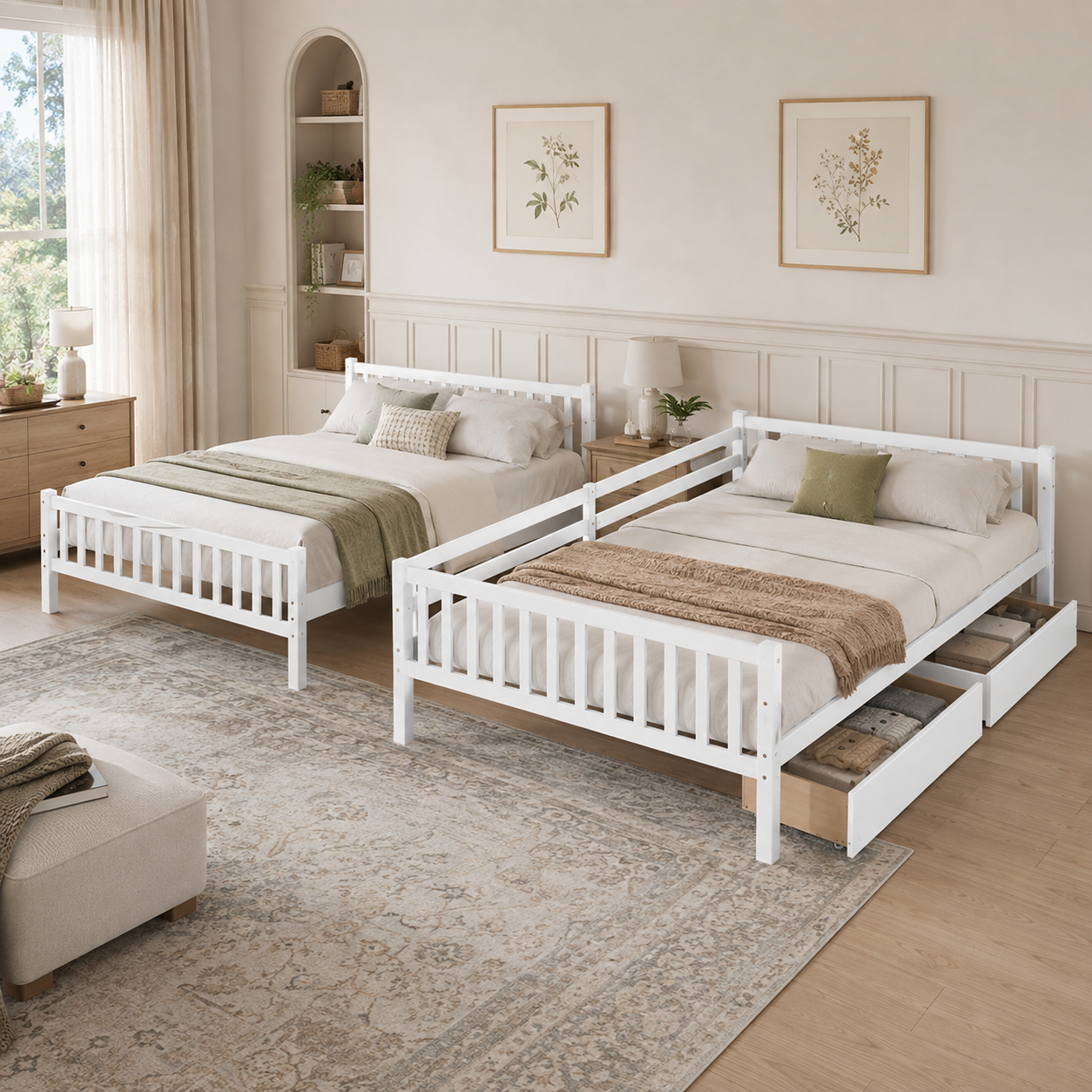 Orla white bunk bed showing a side bedroom view of the converted two-bed setup