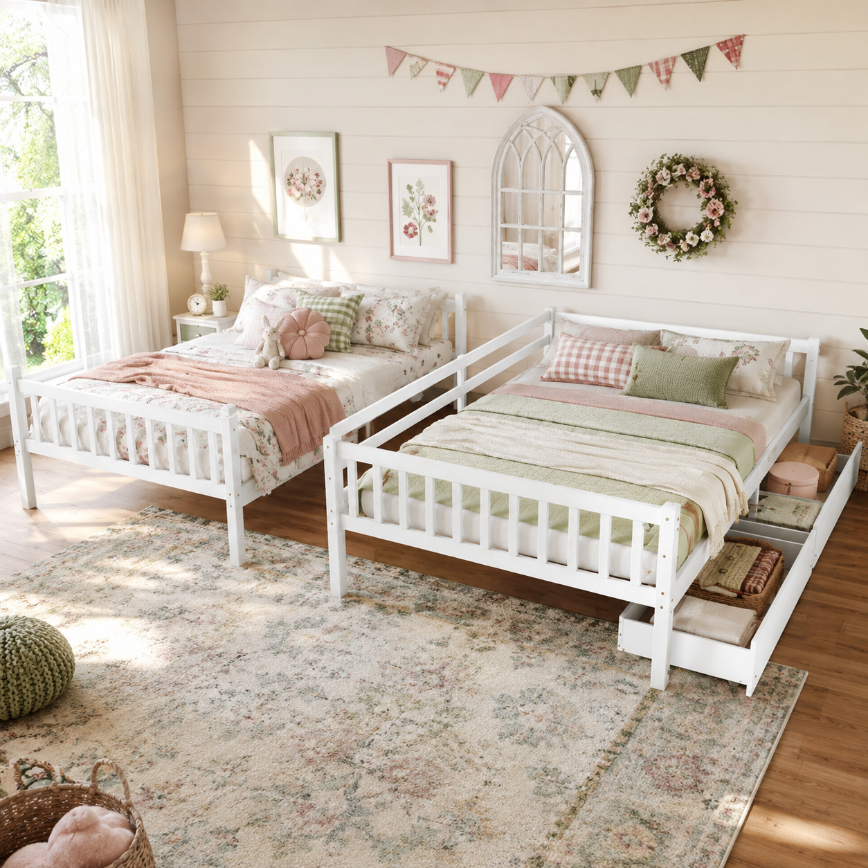 Orla white bunk bed showing a full over full bunk bed with drawers in a bedroom