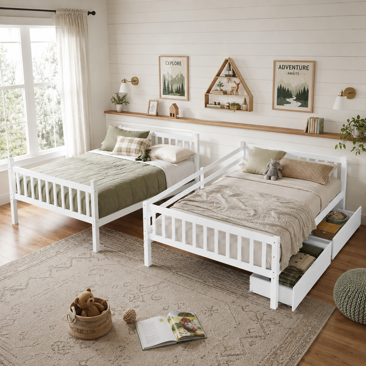 Orla white bunk bed showing the bed converted into two separate beds in a bright room