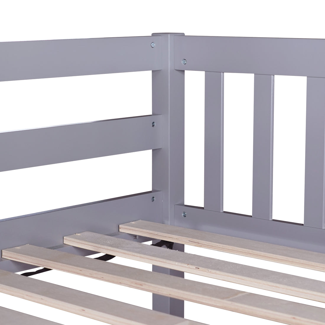 Orla gray full over full rubberwood bunk bed close-up of the side guardrail and slat support