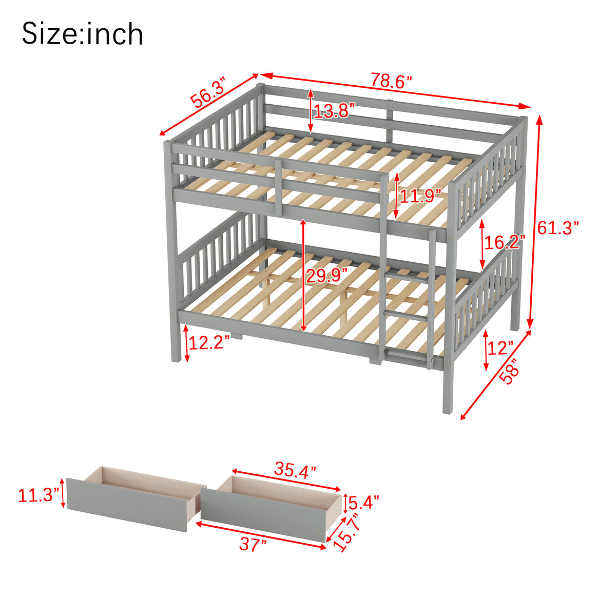 Orla gray full over full rubberwood bunk bed with 2 rolling drawers showing overall product dimensions