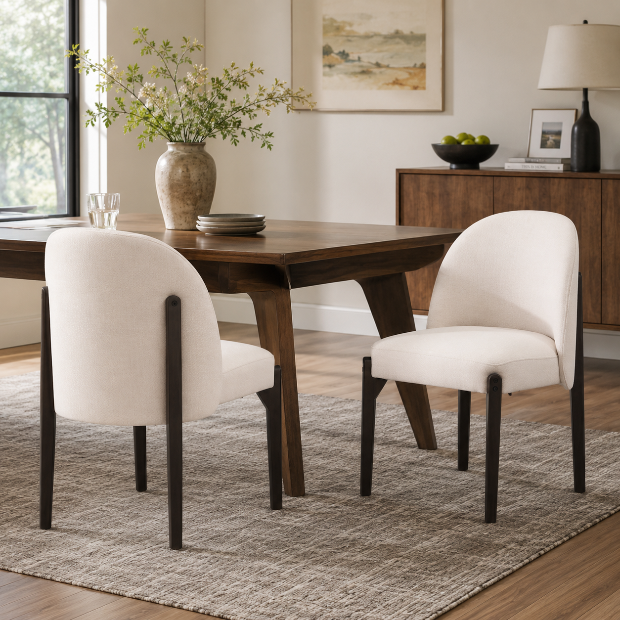 Orta beige upholstered barrel back dining chairs with solid rubberwood legs around a round wood dining table