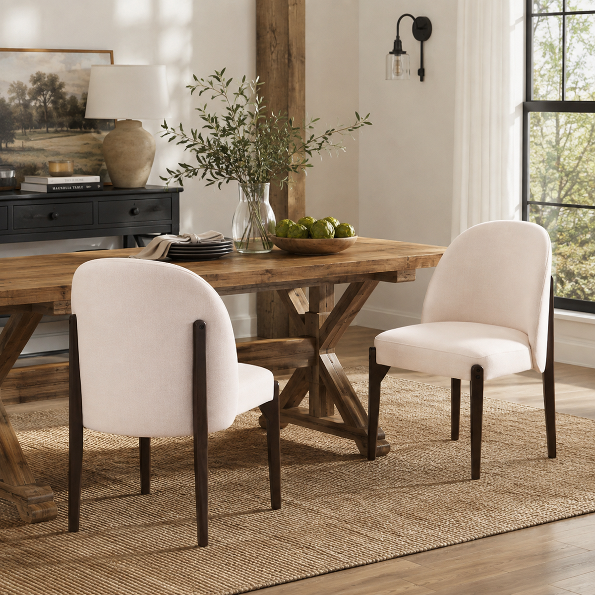 Orta beige dining chairs in a bright dining room with natural wood furniture and greenery