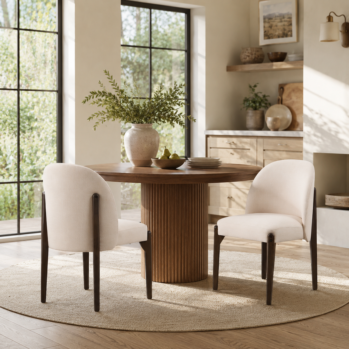 Orta beige barrel back dining chairs beside a round table in a cozy neutral dining space