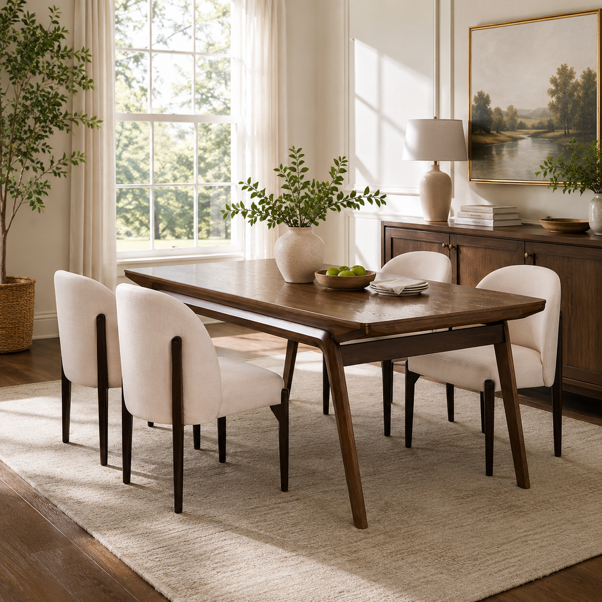 Orta beige upholstered dining chairs with dark wood legs in a bright modern dining room