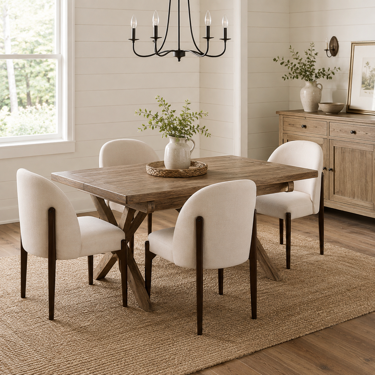 Orta beige dining chair set around a wood dining table in a sunlit room with neutral decor
