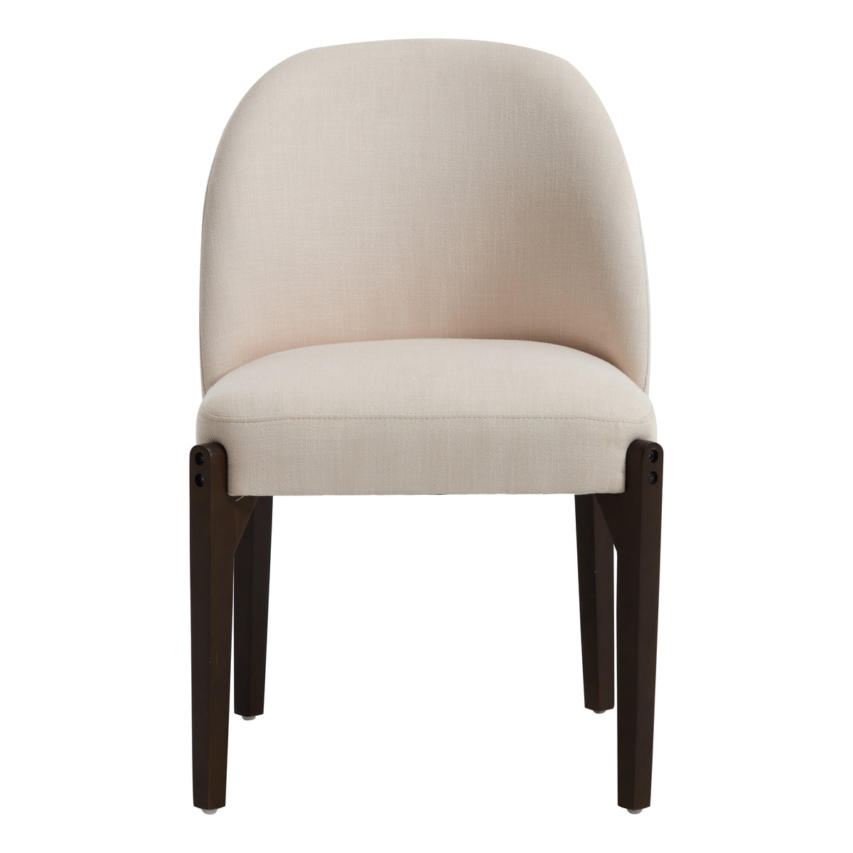 Orta beige upholstered barrel back dining chair straight front view on white background
